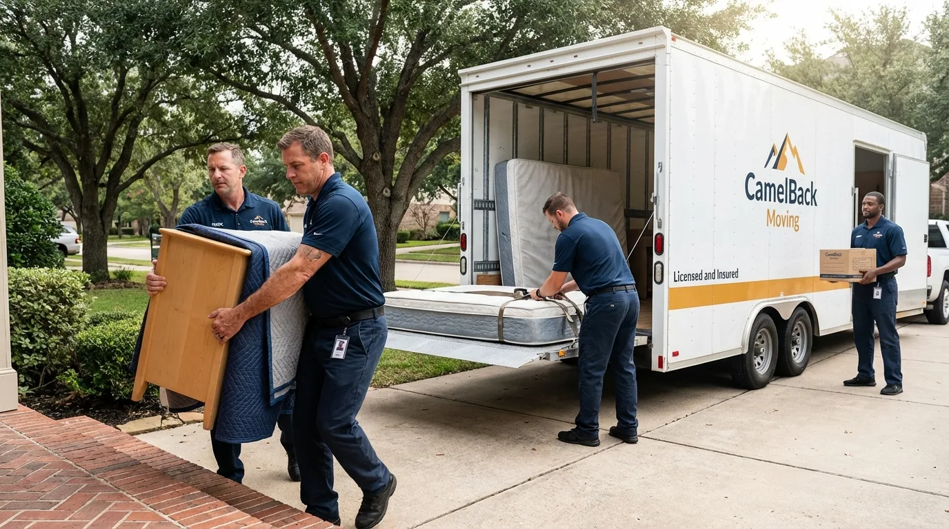 Crew loading residential truck for cross-state move from Redlands, CA