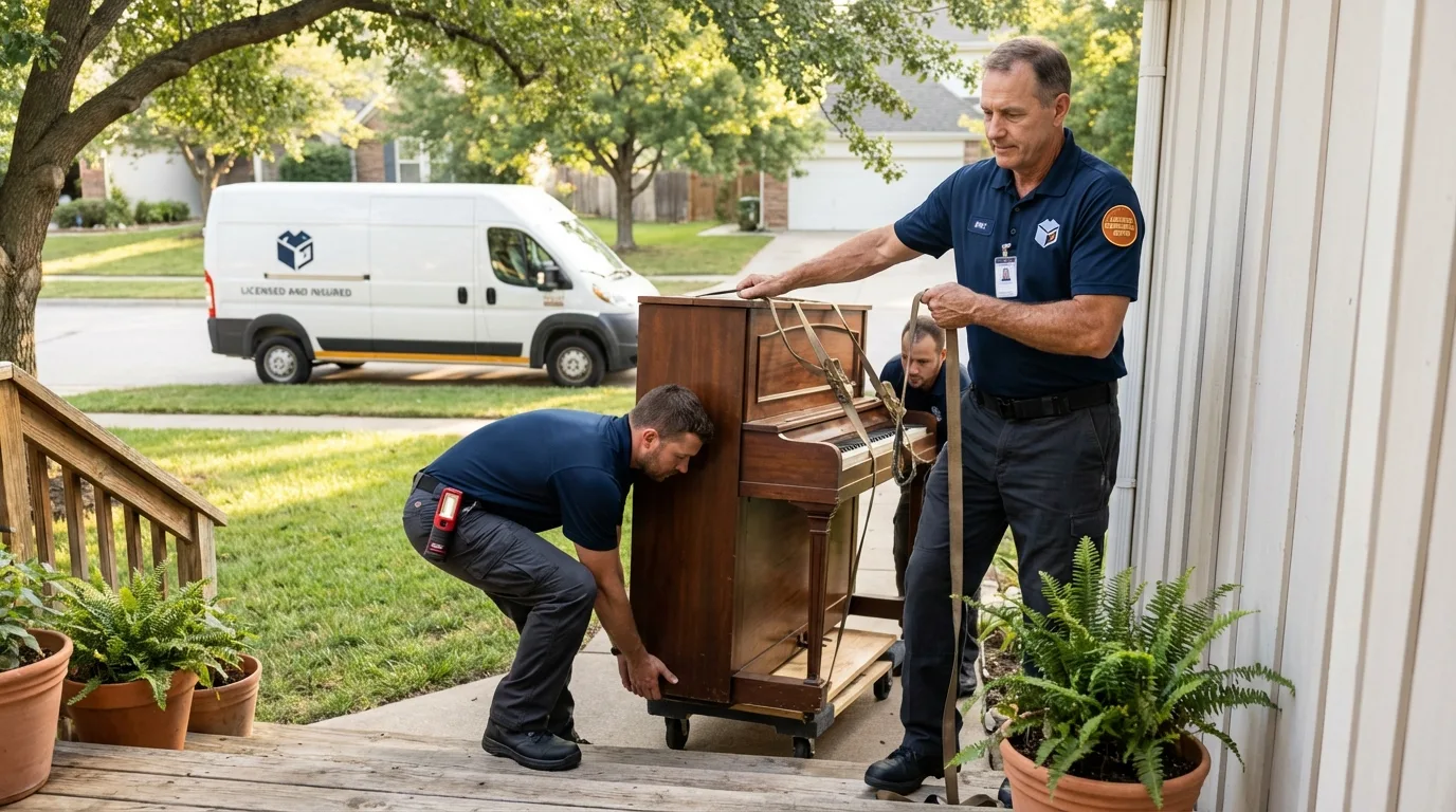 Licensed piano movers securing grand piano in Redlands, CA