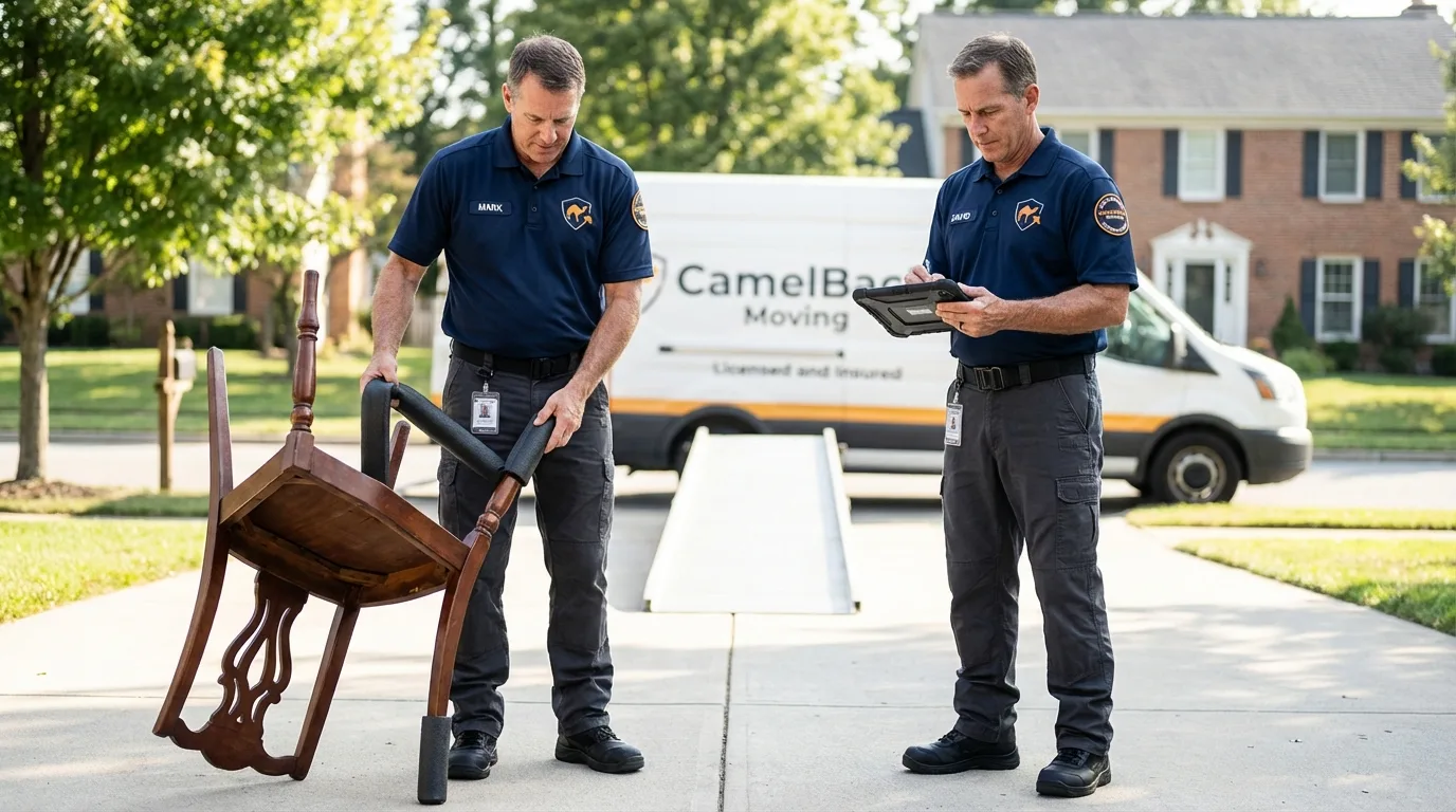Movers inspecting furniture for damage prevention before loading in Redlands, CA
