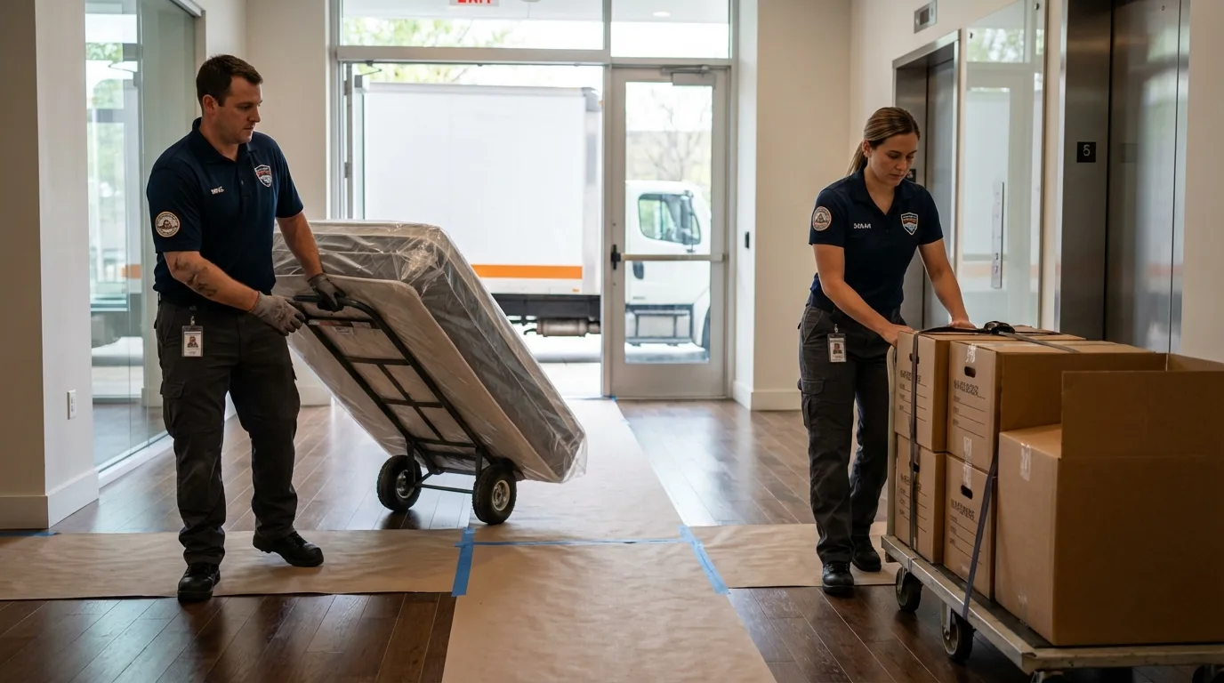 Professional apartment movers loading elevator in Redlands, CA